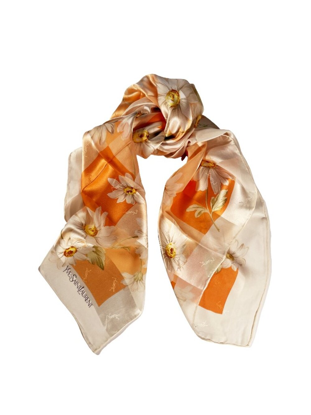 Vintage Yves Saint Laurent Silk Chiffon Scarf Daisy Floral 34” Sheer Rolled Hem